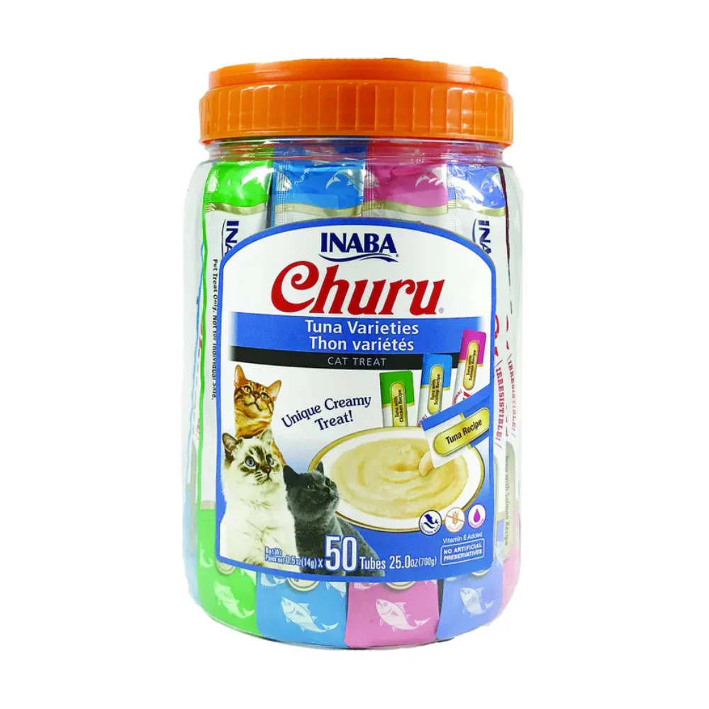 Inaba Cat Snack Churu Bombonera 50 Piezas -  Variedad De Atun 700 Gr (Atun X 20 - Atun Con Pollo X 10 - Atun Con Vieira X 10 - Atun Con Salmon X 10 )