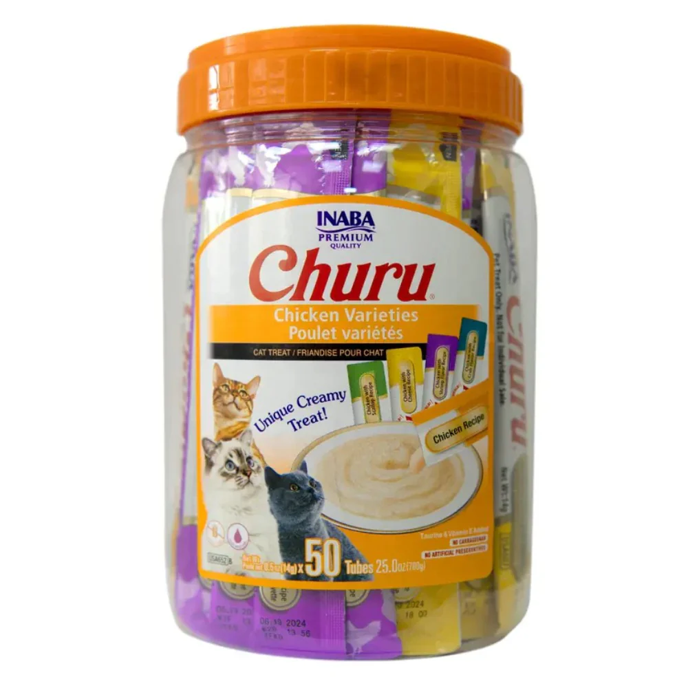 Inaba Cat Snack Churu Bombonera 50 Piezas -  Variedad De  Pollo Y Atun 700 Gr (Atun X 10 - Atun Con Pollo X 10 - Pollo X 10 - Atun Con Salmon X 10 - Pollo Con Queso X 10